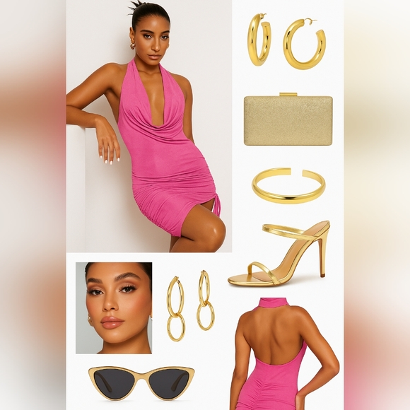 ☆Draped Front Drawstring Side Backless Halter Neck Solid Dress☆ - Picture 1 of 3